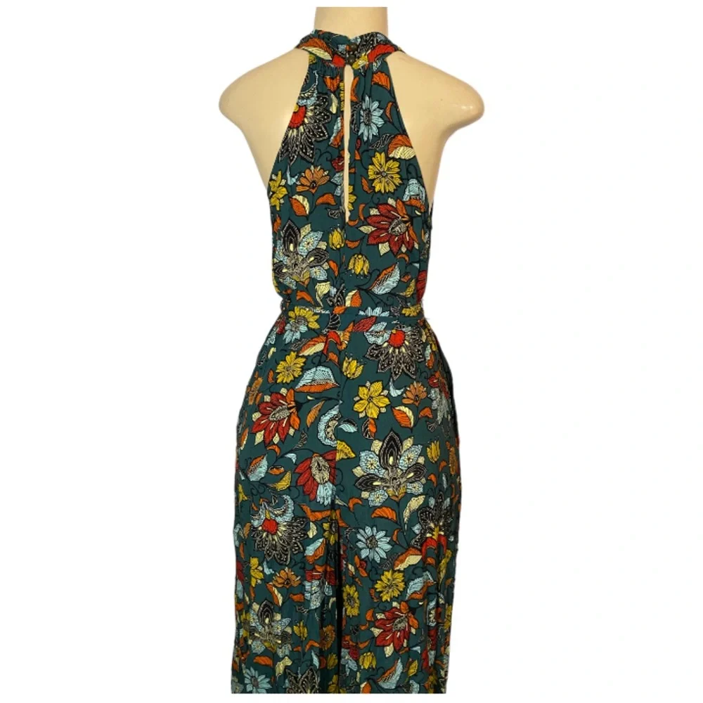 Anthropologie Geneva Halter Wide-Leg Jumpsuit Small Teal Green Floral Paisley - Picture 6 of 10